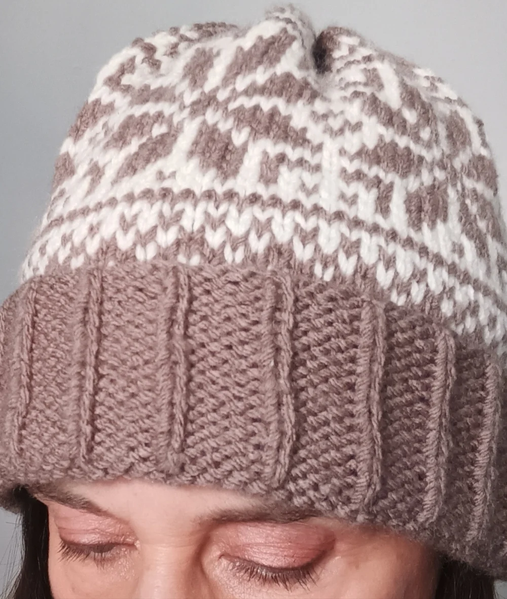 Hand Crafted Handknit Taupe Brown & Ivory Scandinavian Motif Beanie Hat OSFM